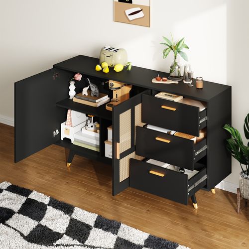 Buffet Rotin Noir 160x40x87cm, 2 Portes 3 Tiroirs Design
