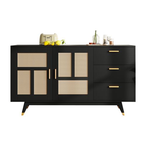 Buffet Rotin Noir 160x40x87cm, 2 Portes 3 Tiroirs Design