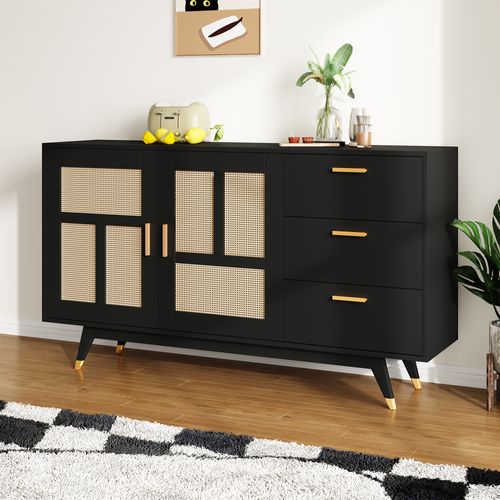 Buffet Rotin Noir 160x40x87cm, 2 Portes 3 Tiroirs Design