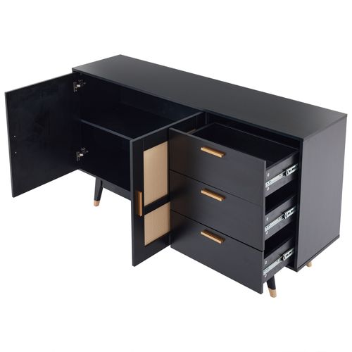 Buffet Rotin Noir 160x40x87cm, 2 Portes 3 Tiroirs Design