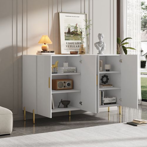 Buffet Moderne 160x35x100cm, 4 Portes Blanc Rangement Salon