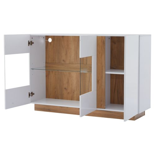 Buffet LED Verre Blanc 138x38x90.5cm, Base Bois Élégant