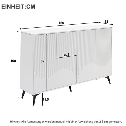 Buffet Multifonction 160x35x100cm, 4 Portes Pieds Métal, Blanc