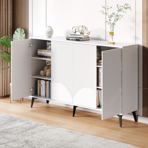 Buffet Multifonction 160x35x100cm, 4 Portes Pieds Métal, Blanc