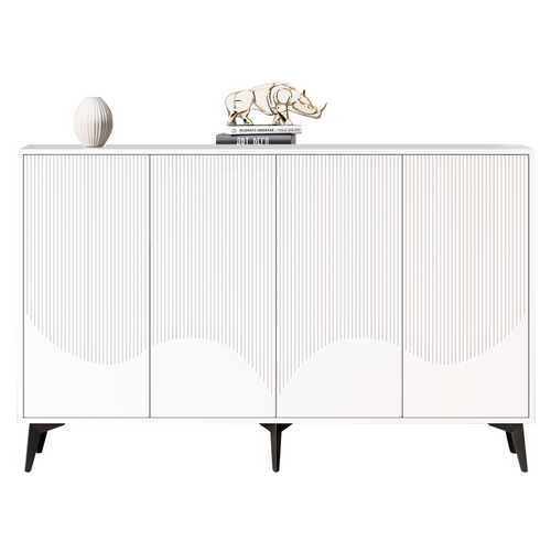 Buffet Multifonction 160x35x100cm, 4 Portes Pieds Métal, Blanc