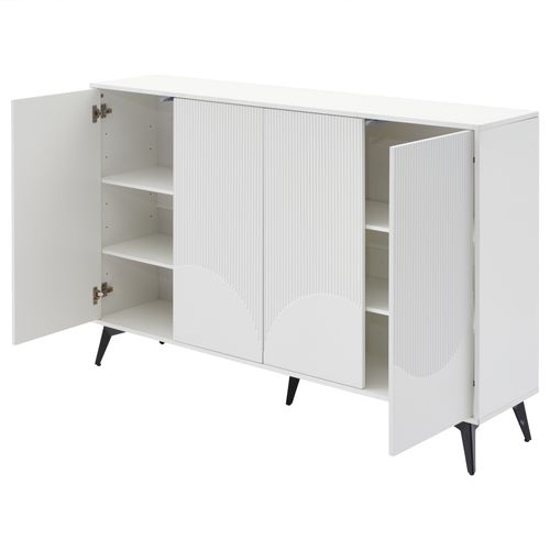 Buffet Multifonction 160x35x100cm, 4 Portes Pieds Métal, Blanc