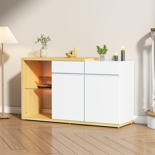 Buffet LED 120x40x70cm Salon, 2 Portes 2 Tiroirs Blanc Design