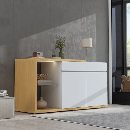 Buffet LED 120x40x70cm Salon, 2 Portes 2 Tiroirs Blanc Design