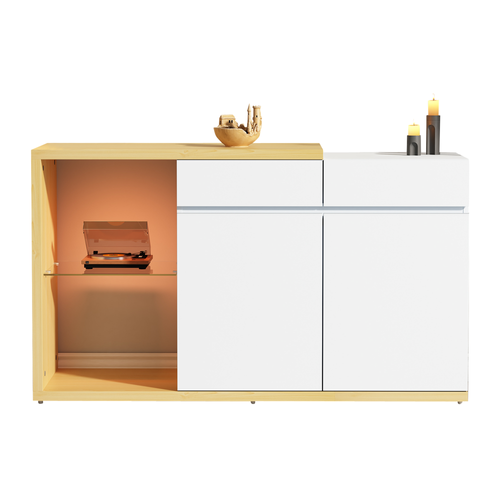 Buffet LED 120x40x70cm Salon, 2 Portes 2 Tiroirs Blanc Design