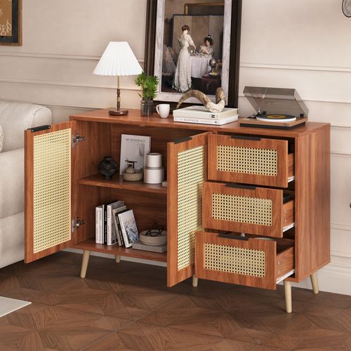 Buffet Rotin Vintage 2 Portes 3 Tiroirs, Étagères Réglables Marron, Multi-salles