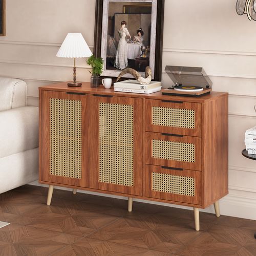 Buffet Rotin Vintage 2 Portes 3 Tiroirs, Étagères Réglables Marron, Multi-salles