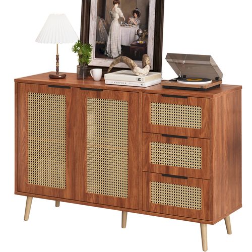 Buffet Rotin Vintage 2 Portes 3 Tiroirs, Étagères Réglables Marron, Multi-salles