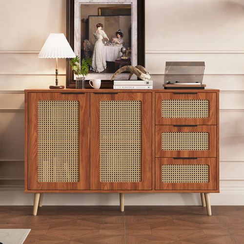 Buffet Rotin Vintage 2 Portes 3 Tiroirs, Étagères Réglables Marron, Multi-salles