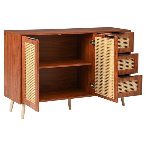Buffet Rotin Vintage 2 Portes 3 Tiroirs, Étagères Réglables Marron, Multi-salles