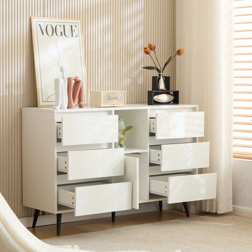 Buffet LED 6 Tiroirs Pieds Métal Noir, Blanc Design Moderne 120x40x80cm