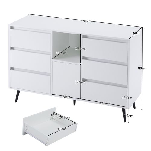 Buffet LED 6 Tiroirs Pieds Métal Noir, Blanc Design Moderne 120x40x80cm