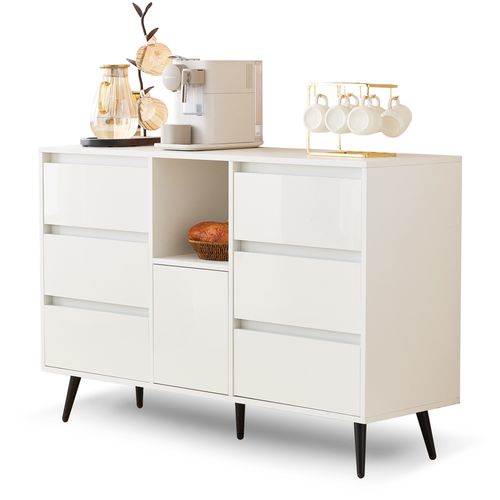Buffet LED 6 Tiroirs Pieds Métal Noir, Blanc Design Moderne 120x40x80cm