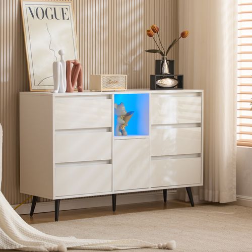 Buffet LED 6 Tiroirs Pieds Métal Noir, Blanc Design Moderne 120x40x80cm