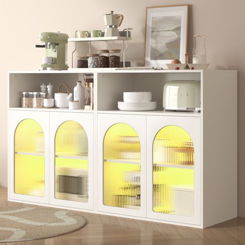 Buffet LED 140x35x90cm Meuble Cuisine/salon, Mdf Blanc Rangement Élégant