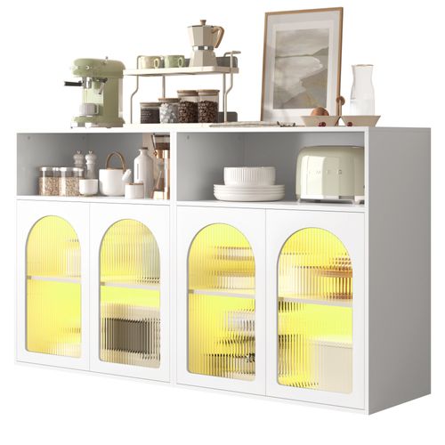 Buffet LED 140x35x90cm Meuble Cuisine/salon, Mdf Blanc Rangement Élégant