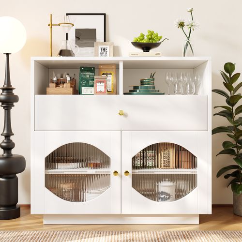 Buffet Moderne Porte Vitrée 1 Tiroir 100x40x90cm Blanc Avec Rangement Ouvert