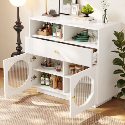 Buffet Moderne Porte Vitrée 1 Tiroir 100x40x90cm Blanc Avec Rangement Ouvert