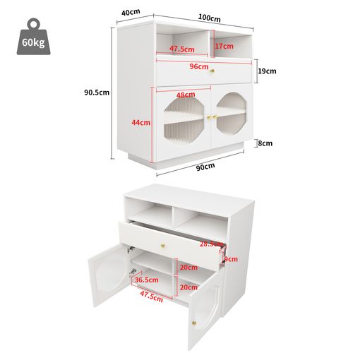 Buffet Moderne Porte Vitrée 1 Tiroir 100x40x90cm Blanc Avec Rangement Ouvert