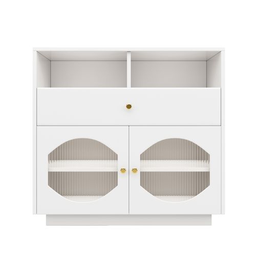 Buffet Moderne Porte Vitrée 1 Tiroir 100x40x90cm Blanc Avec Rangement Ouvert