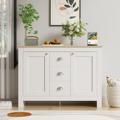 Buffet 2 Portes 3 Tiroirs Poignées Argentées 116x35x81cm Blanc Et Naturel