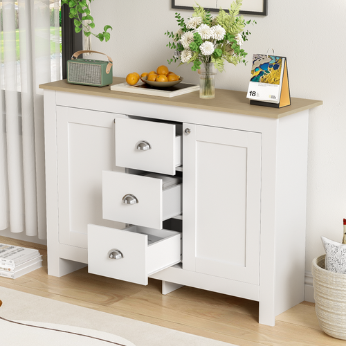 Buffet 2 Portes 3 Tiroirs Poignées Argentées 116x35x81cm Blanc Et Naturel