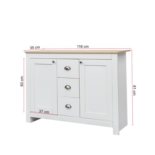 Buffet 2 Portes 3 Tiroirs Poignées Argentées 116x35x81cm Blanc Et Naturel