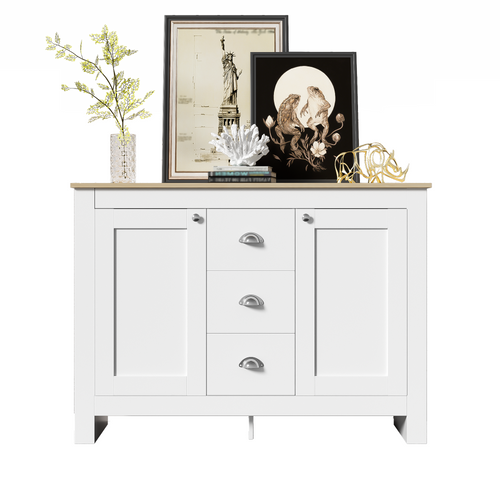 Buffet 2 Portes 3 Tiroirs Poignées Argentées 116x35x81cm Blanc Et Naturel