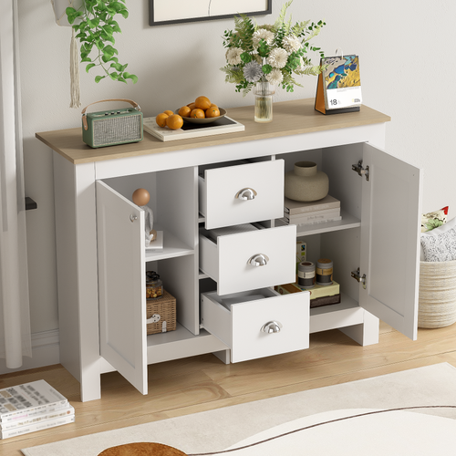 Buffet 2 Portes 3 Tiroirs Poignées Argentées 116x35x81cm Blanc Et Naturel