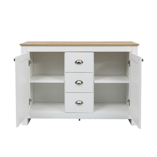 Buffet 2 Portes 3 Tiroirs Poignées Argentées 116x35x81cm Blanc Et Naturel