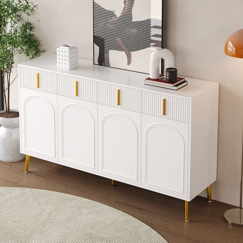 Buffet Blanc 4 Portes 4 Tiroirs Étagères Amovibles 140x37.8x82cm