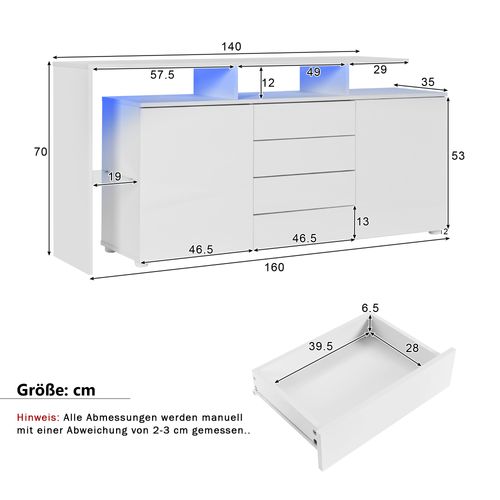 Buffet TV LED 4 Tiroirs Multifonction 160x35x70cm Blanc Salon et Entrée