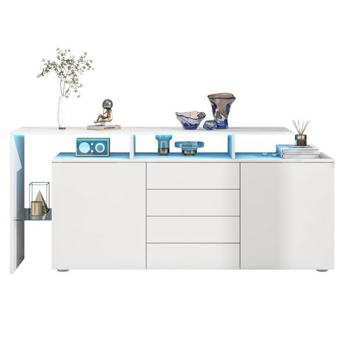 Buffet TV LED 4 Tiroirs Multifonction 160x35x70cm Blanc Salon et Entrée