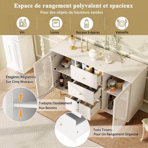 Buffet 120x40x90cm 3 Tiroirs 2 Portes Blanc – Cuisine/séjour Polyvalent Rangement