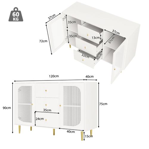 Buffet 120x40x90cm 3 Tiroirs 2 Portes Blanc – Cuisine/séjour Polyvalent Rangement