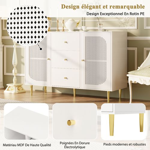 Buffet 120x40x90cm 3 Tiroirs 2 Portes Blanc – Cuisine/séjour Polyvalent Rangement