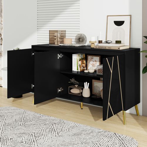 Buffet 140x40x80cm 3 Portes Sans Poignées Noir – Design Épuré Salle à Manger
