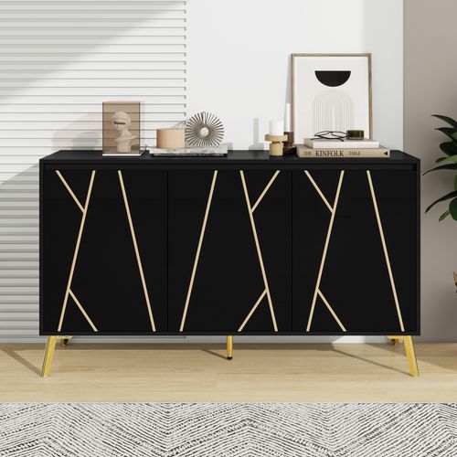 Buffet 140x40x80cm 3 Portes Sans Poignées Noir – Design Épuré Salle à Manger