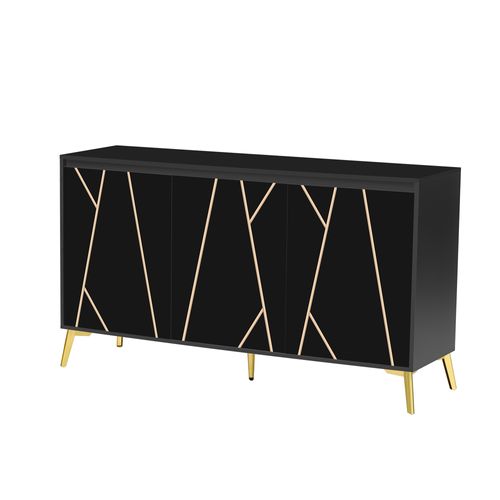 Buffet 140x40x80cm 3 Portes Sans Poignées Noir – Design Épuré Salle à Manger