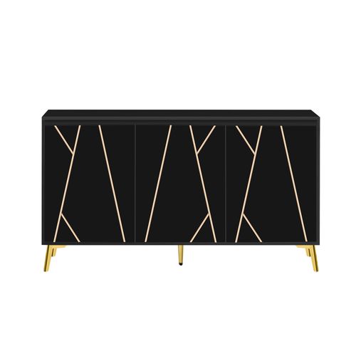 Buffet 140x40x80cm 3 Portes Sans Poignées Noir – Design Épuré Salle à Manger