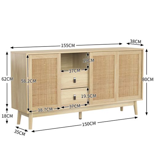 Buffet Cuisine 155x38x80cm Naturel – Portes Coulissantes + 2 Tiroirs Pratique
