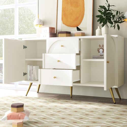 Buffet Commode 140x40x84cm – 2 Portes 3 Tiroirs Étagères Réglables Bois+métal Blanc Crème