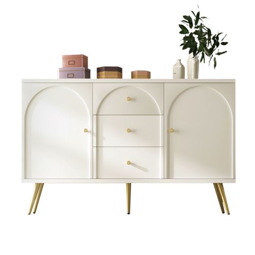 Buffet Commode 140x40x84cm – 2 Portes 3 Tiroirs Étagères Réglables Bois+métal Blanc Crème