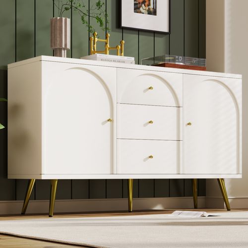 Buffet Commode 140x40x84cm – 2 Portes 3 Tiroirs Étagères Réglables Bois+métal Blanc Crème