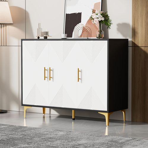 Buffet Commode 120x40x88cm – Poignées Dorées Pieds Or Noir Blanc Polyvalent Chambre/salon