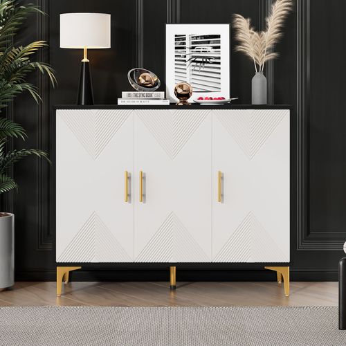 Buffet Commode 120x40x88cm – Poignées Dorées Pieds Or Noir Blanc Polyvalent Chambre/salon